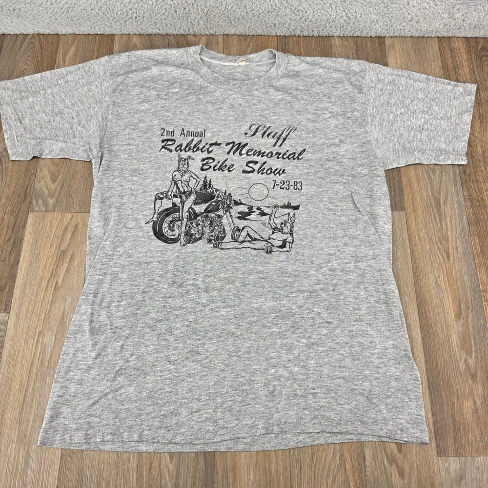 Vintage 1983 Rabbit Memorial Bike Show Staff T-Shirt Gray‎ Large Single Stitch